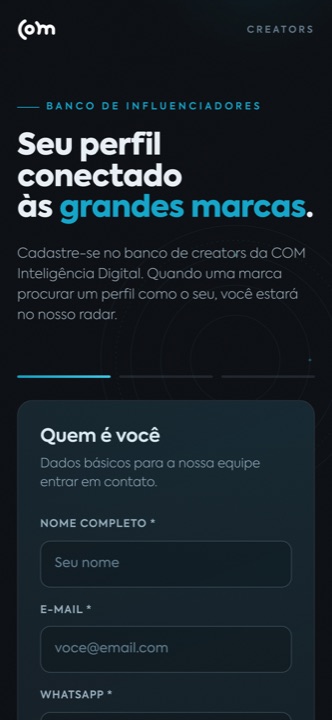 Aplicativo de cadastro de creators da COM Inteligência Digital